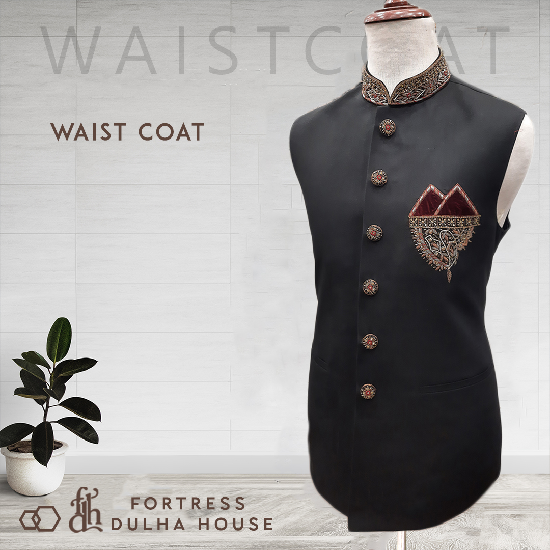 Tropical Fabric Embroidery Black Waistcoat Fotress Dulha Hosue