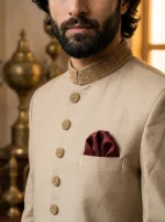 Champagne Gold Sherwani Luxury Silk Handmade Embroidery - Image 5