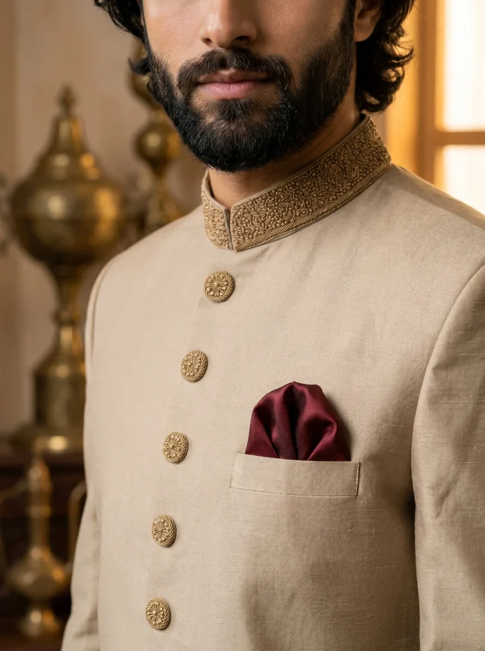 Champagne Gold Sherwani Luxury Silk Handmade Embroidery - Image 5