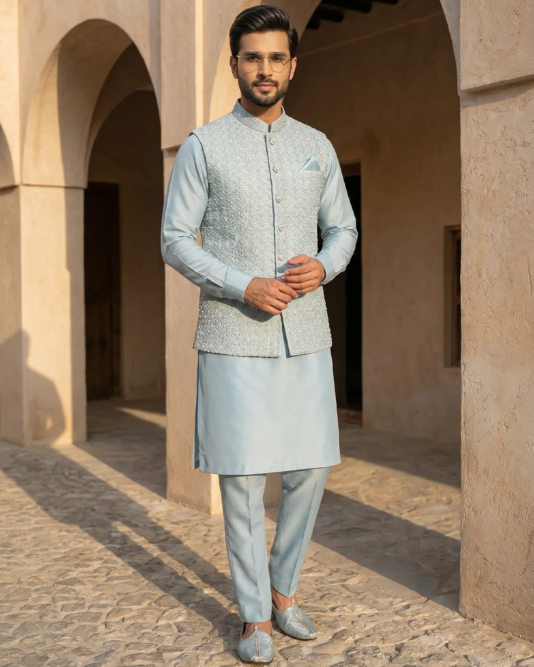 1-1-2-1.webp Stunning Ice Blue Waistcoat with Handmade Embroidery - Image 1