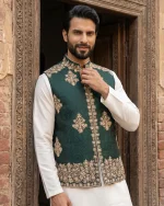 Elegant Bottle Green Jamawar Waistcoat with Premium Handmade Embroidery