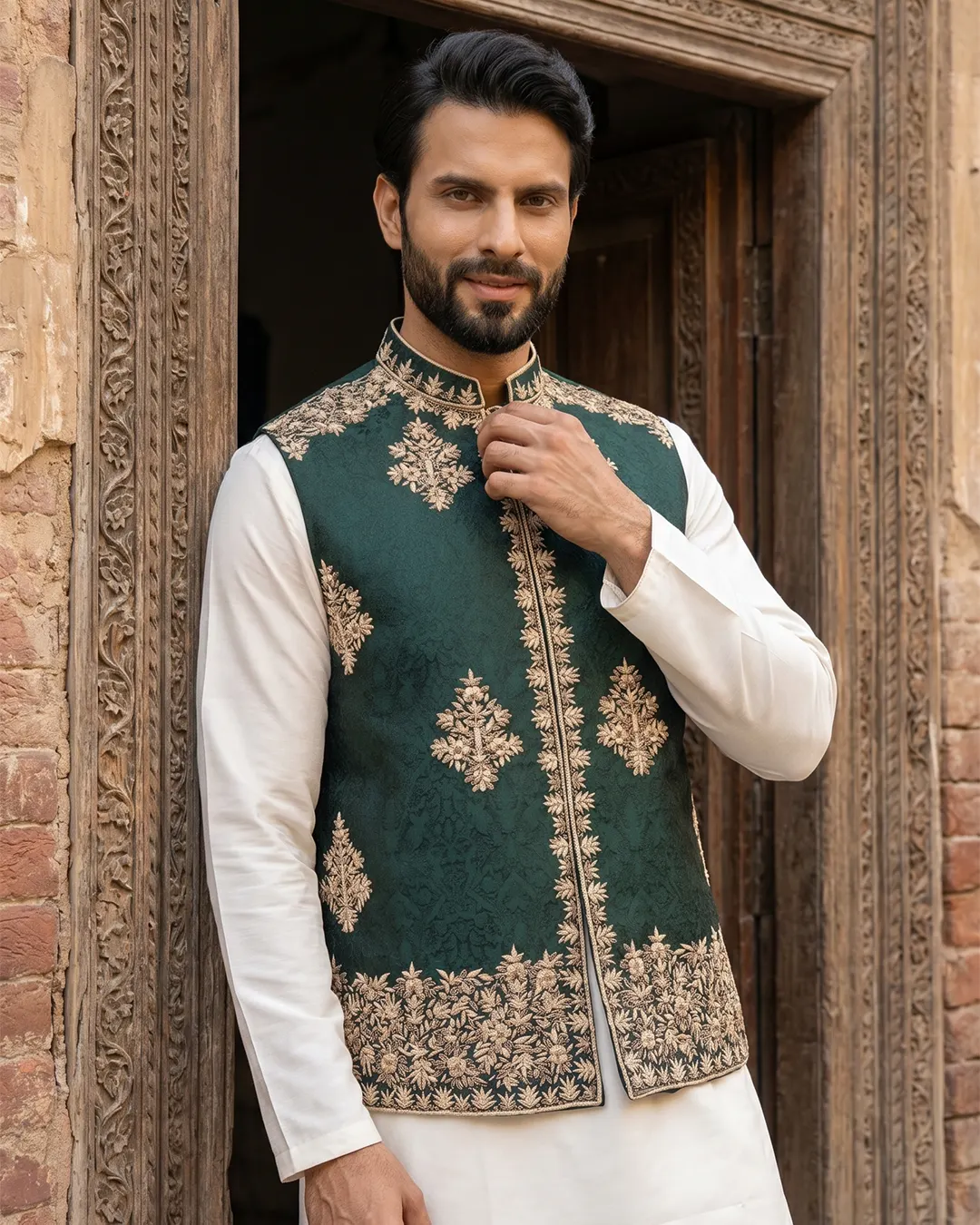1-1-2.webp Elegant Bottle Green Jamawar Waistcoat with Premium Handmade Embroidery - Image 1