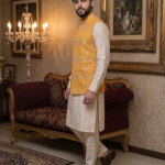 Men’s Yellow Silk Waistcoat with Handmade Thread Work Embroidery