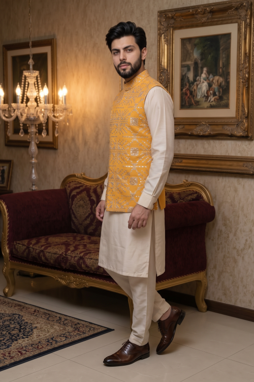 Men’s Yellow Silk Waistcoat with Handmade Thread Work Embroidery