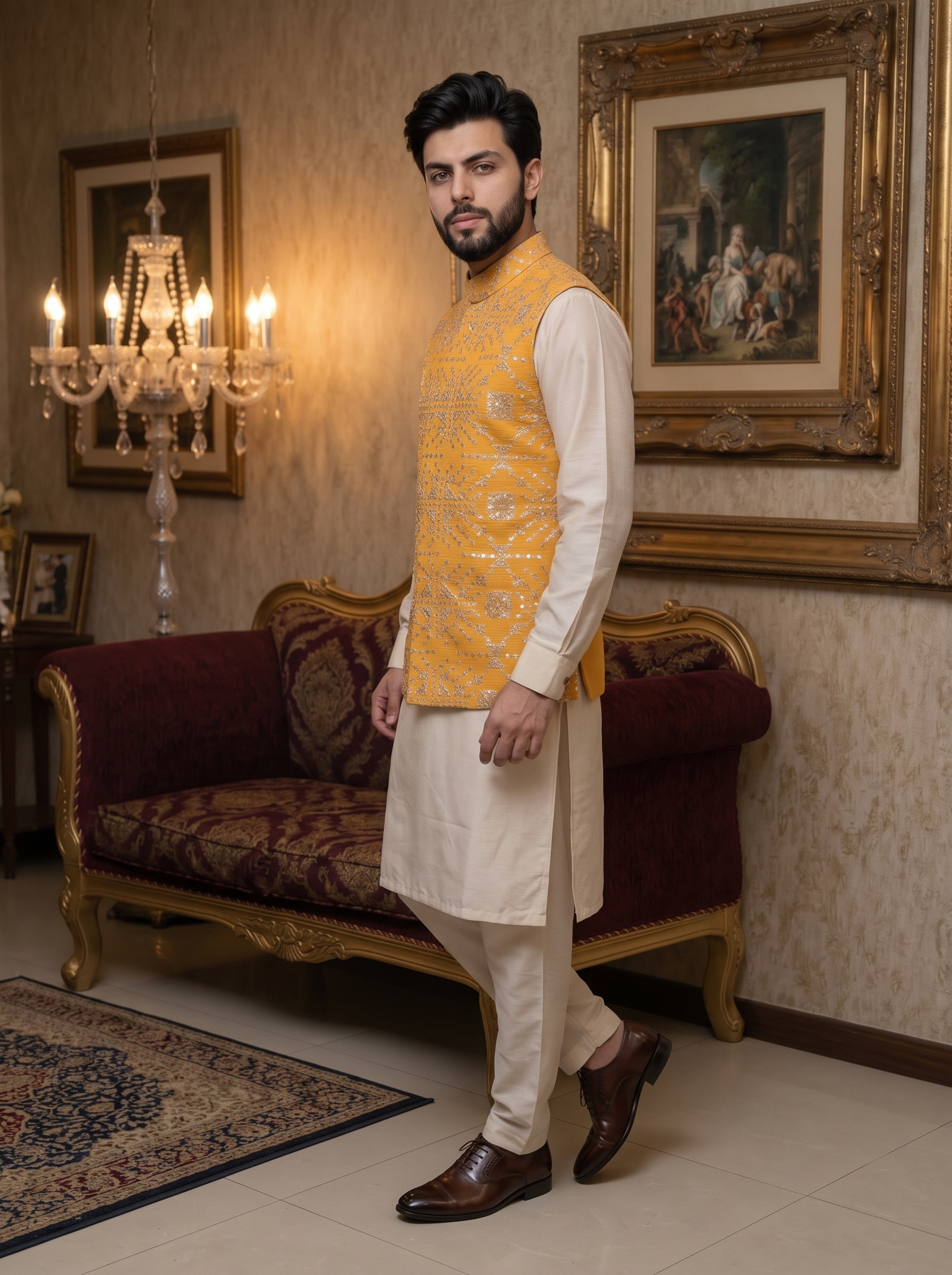 Yellow Silk Embroidered Waistcoat for Men | Handmade Men’s Yellow Silk Waistcoat with Handmade Thread Work Embroidery