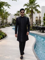 Black Sherwani Stunning Handmade Digital Thread Embroidery for Men