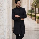 Luxury Black Handmade Sherwani with Digital Thread Embroidery