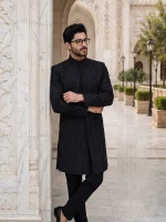 Luxury Black Handmade Sherwani with Digital Thread Embroidery