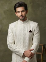 Luxury Off White Sherwani with Digital Thread Embroidery