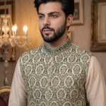 Green Self-Print Jamawar Embroidered Waistcoat for Men