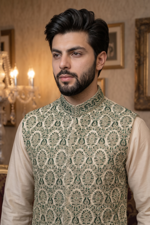 Green Self-Print Jamawar Embroidered Waistcoat for Men