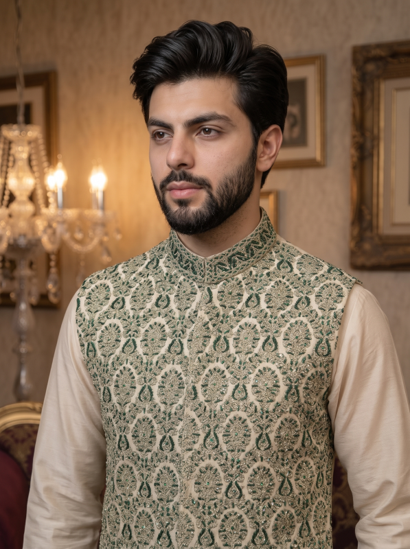 Green Self-Print Jamawar Embroidered Waistcoat for Men