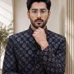 Black Sherwani Stunning Digital Thread Handmade Embroidery