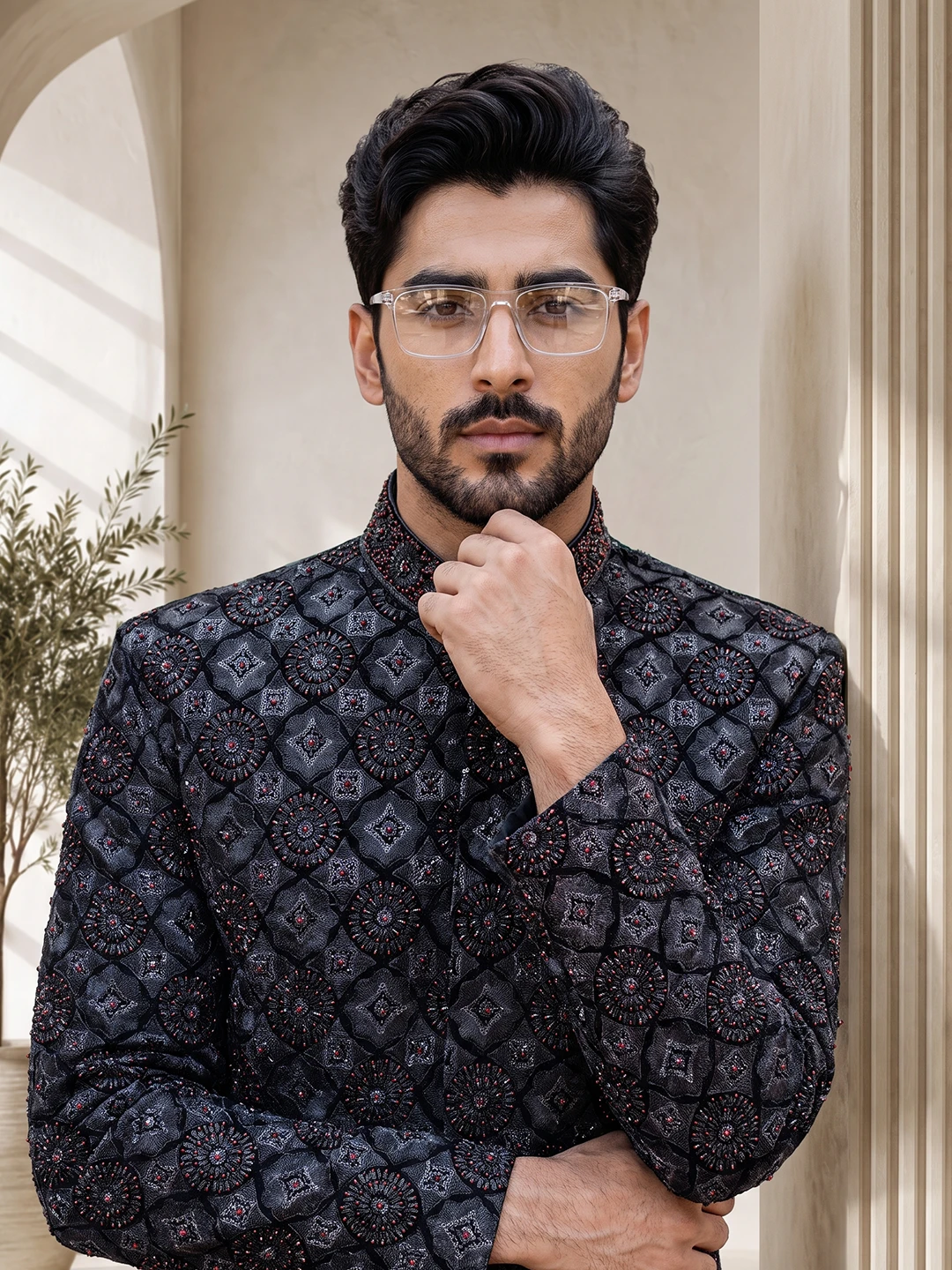 1-24.webp Black Sherwani Stunning Digital Thread Handmade Embroidery - Image 1