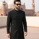 Velvet Sherwani Luxury Black Handmade Embroidered Wedding Wear(S-02)