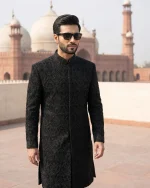 Velvet Sherwani Luxury Black Handmade Embroidered Wedding Wear(S-02)