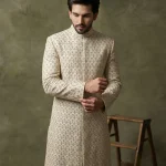 Luxury Off-White Digital Thread Embroidered Handmade Sherwani