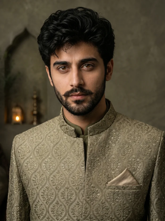 Premium Mehndi Green Prince Coat with Digital Thread - Image 2