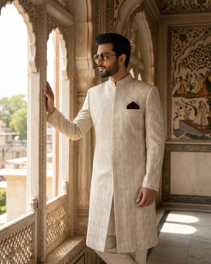 Luxury White Sherwani for Men Royal Digital Thread Embroidery Wedding Outfit - Image 3