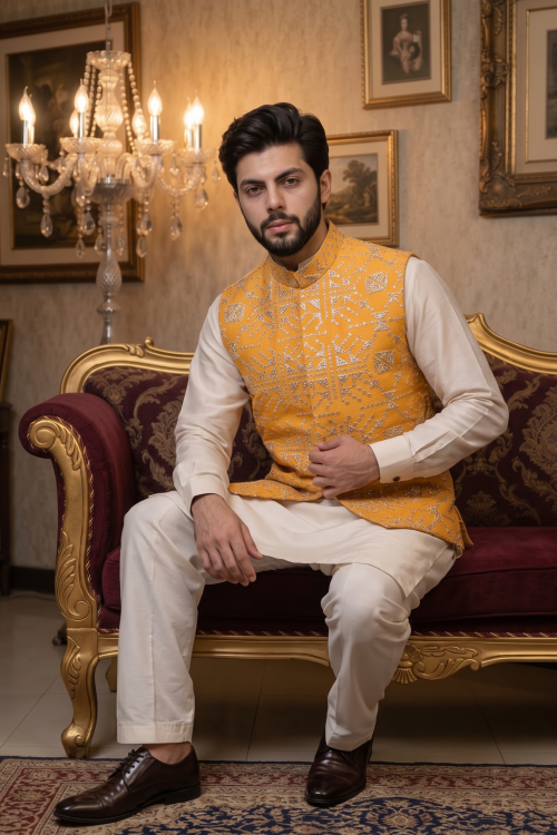Men’s Yellow Silk Waistcoat with Handmade Thread Work Embroidery
