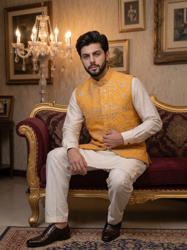 Men’s Yellow Silk Waistcoat with Handmade Thread Work Embroidery