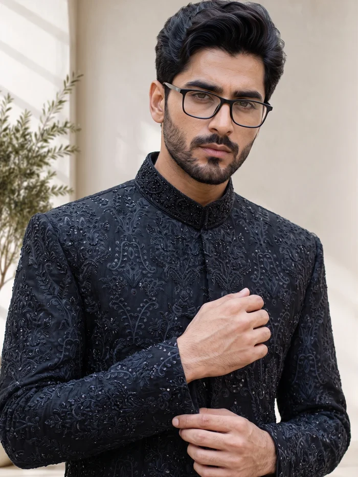 Stunning Black Sherwani with Handmade Digital Thread - Image 5