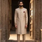 Champagne Gold Sherwani Luxury Silk Handmade Embroidery