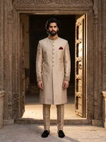 Champagne Gold Sherwani Luxury Silk Handmade Embroidery