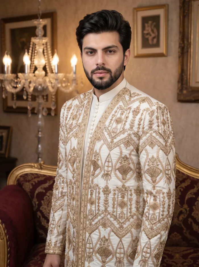 Luxurious Handmade Rawsilk Prince Coat with Royal Embroidery - Image 2