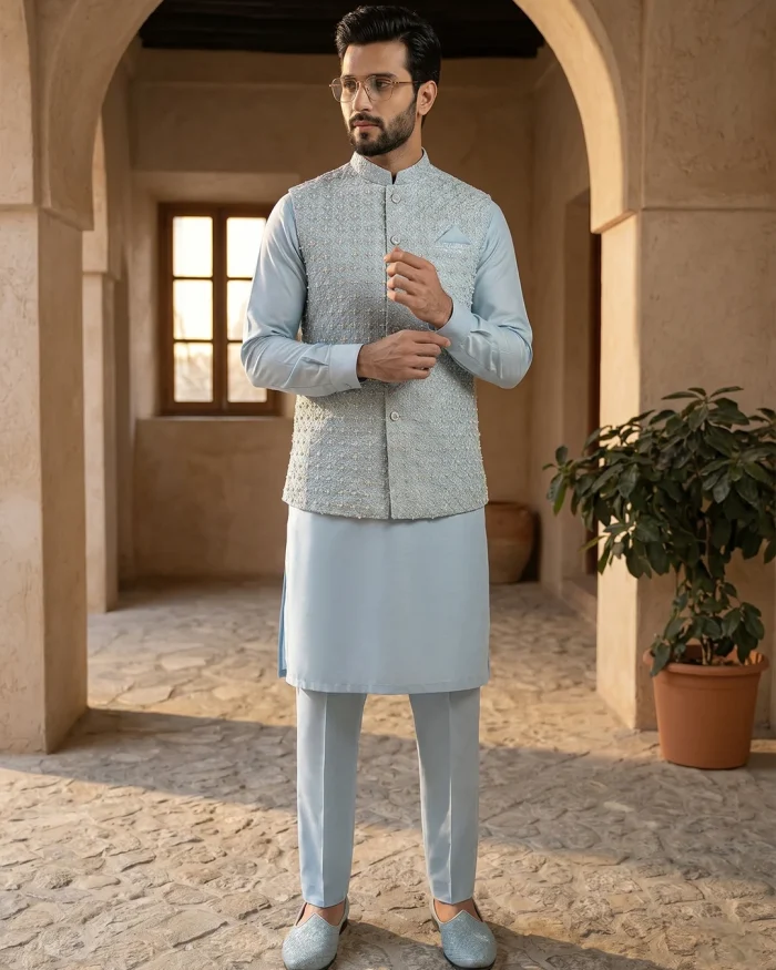 Stunning Ice Blue Waistcoat with Handmade Embroidery - Image 2