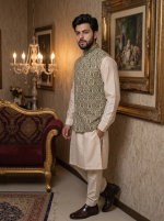 Green Self-Print Jamawar Embroidered Waistcoat for Men