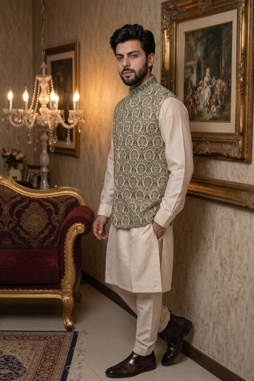 Green Self-Print Jamawar Embroidered Waistcoat for Men