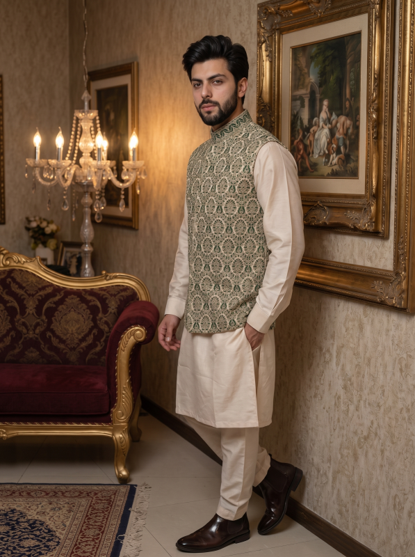 Green Self-Print Jamawar Embroidered Waistcoat for Men