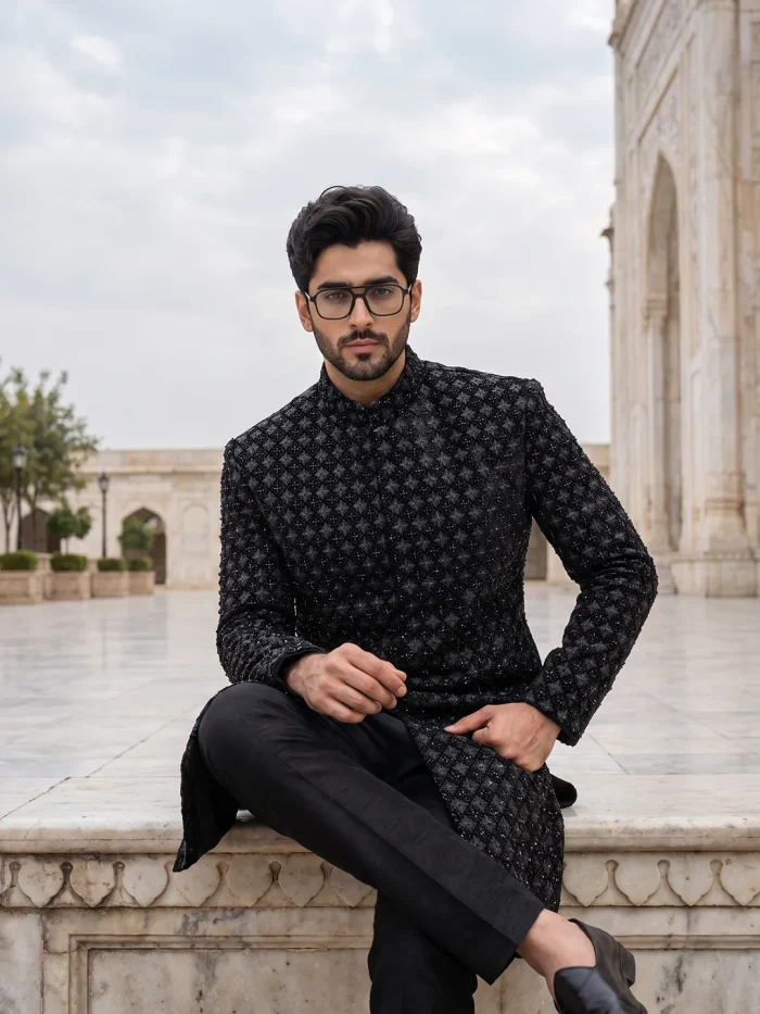 Luxurious Black Sherwani with Digital Thread & Handmade Embroidery - Image 2