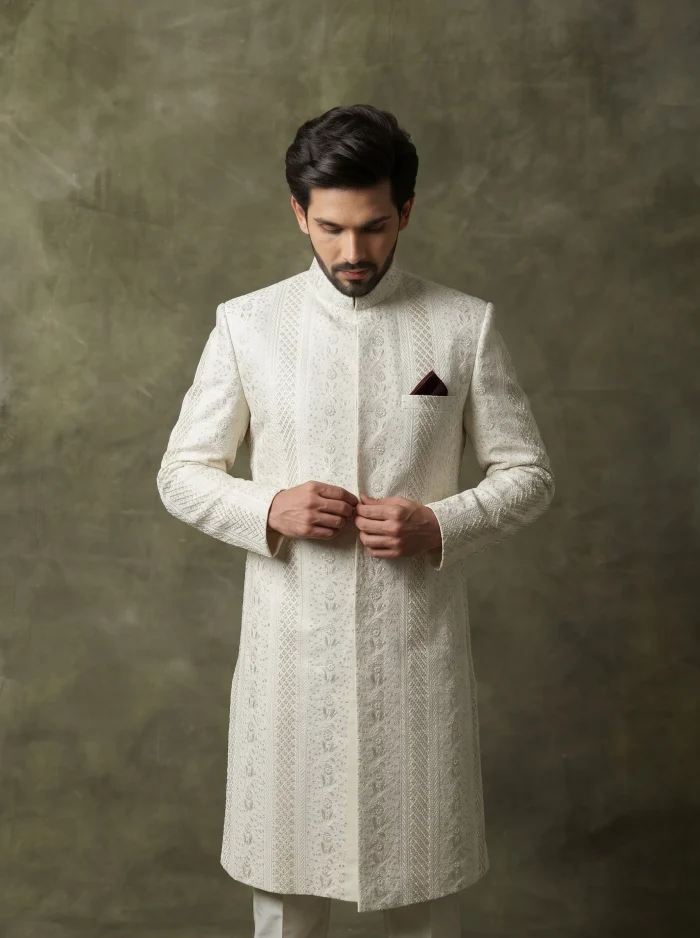 Luxury Off White Sherwani with Digital Thread Embroidery - Image 4
