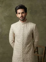 Luxury Off-White Digital Thread Embroidered Handmade Sherwani - Image 2