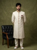Skinish Grey Jamawar Sherwani Premium Handmade Embroidery