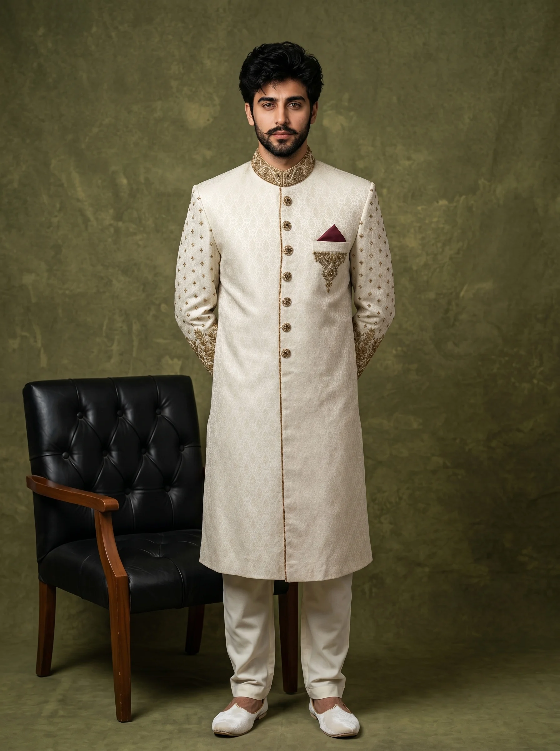 2-7.webp Skinish Grey Jamawar Sherwani Premium Handmade Embroidery - Image 1
