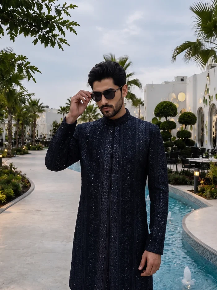 Black Sherwani Stunning Handmade Digital Thread - Image 6