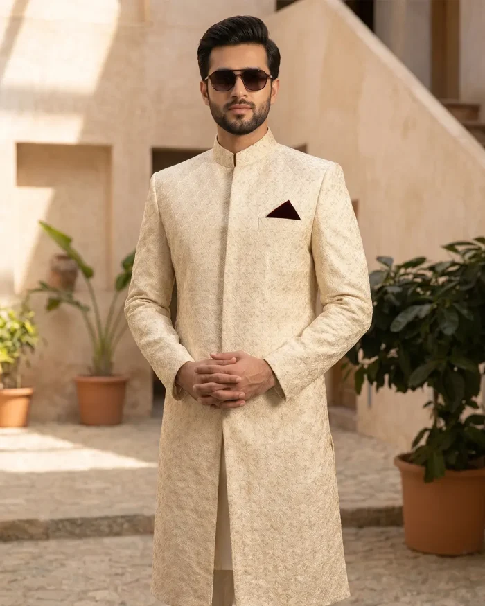 Stunning Off White Sherwani with Digital Thread Embroidery - Image 2