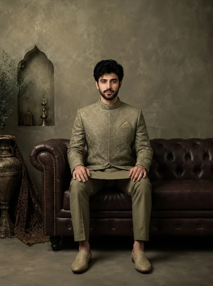 Premium Mehndi Green Prince Coat with Digital Thread - Image 5