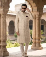 Luxury White Sherwani for Men Royal Digital Thread Embroidery Wedding Outfit - Image 2