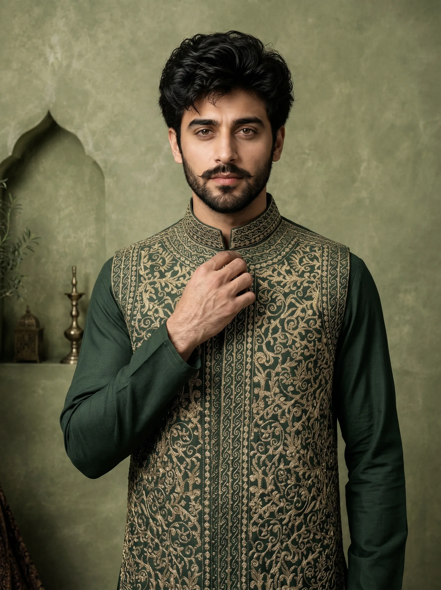 2-9.webp Bottle Green Silk Waistcoat Premium Tila Work Embroidery - Image 1