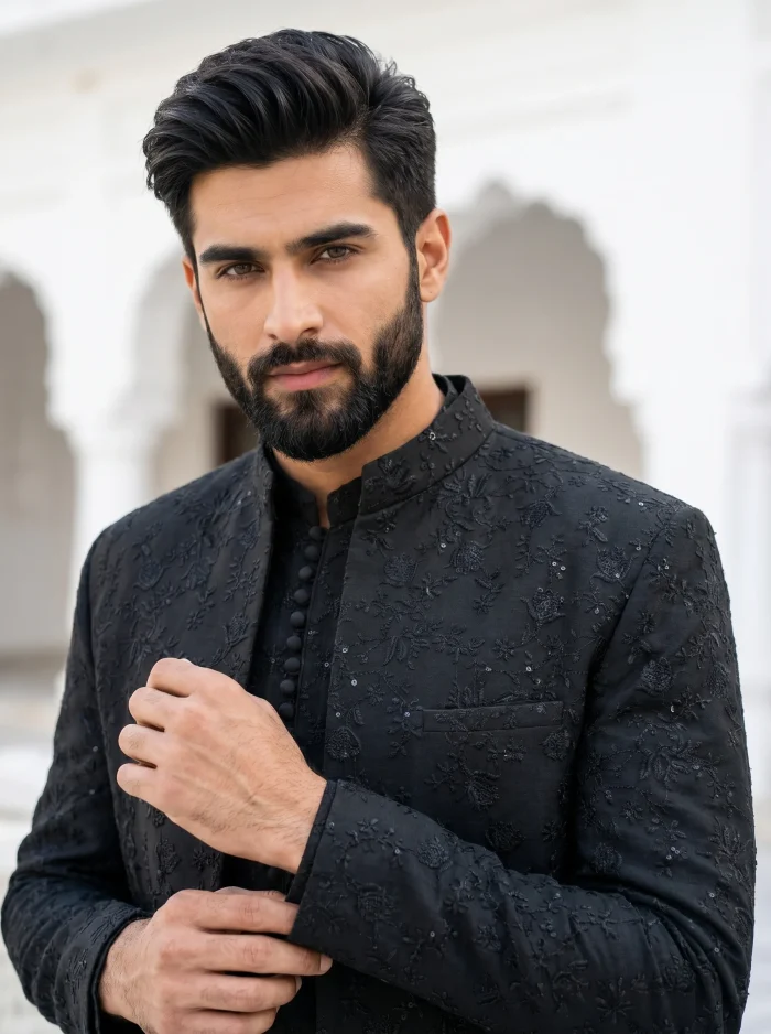 Black Prince Coat Premium Digital Thread Embroidery - Image 3