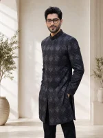 Luxury Black Sherwani with Handmade Digital Thread Embroidery
