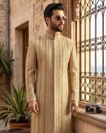 Premium Skin Gold Sherwani with Exquisite Digital Thread & Handmade Embroidery