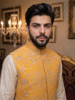 Men’s Yellow Silk Waistcoat with Handmade Thread Work Embroidery - Image 3