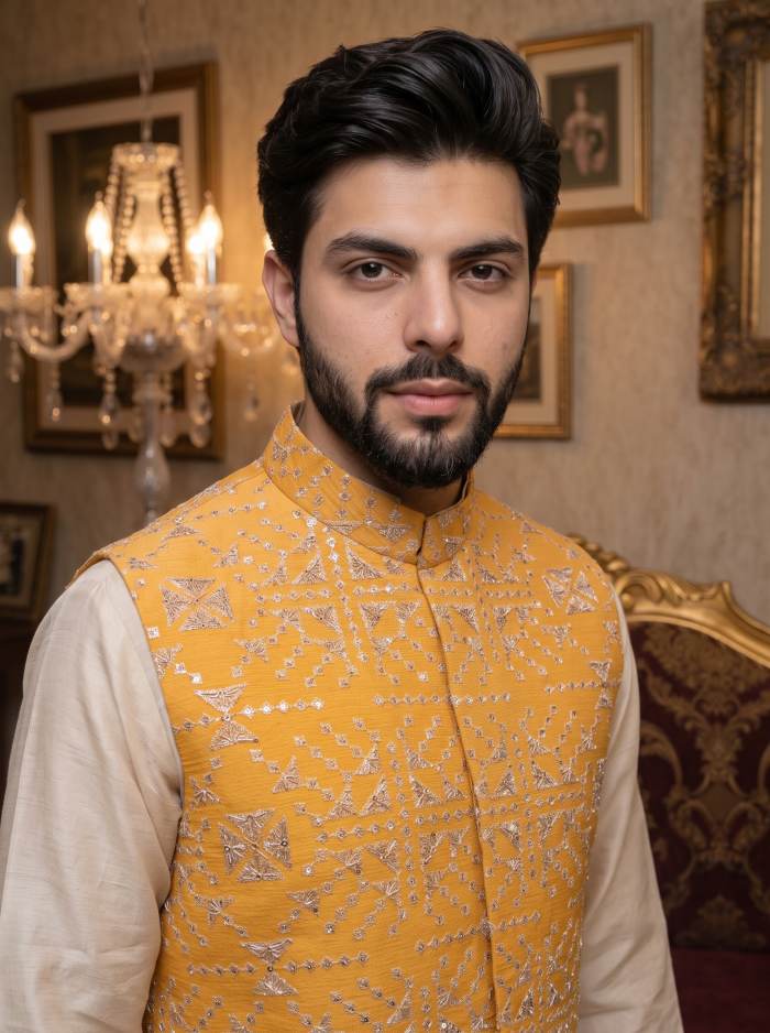 Men’s Yellow Silk Waistcoat with Handmade Thread Work Embroidery - Image 3