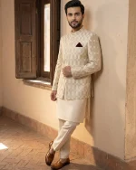 Premium Off-White Prince Coat for Men Elegant Checkered Wedding Wear - Image 2