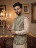 Green Self-Print Jamawar Waistcoat with Handmade Thread Embroidery for Men - Image 3